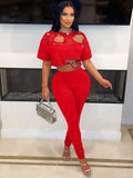 Joskaa Elegant 2 Piece Set Women Sexy Hollow Pin Short Sleeve Crop Tops and Pencil Pants Matching 2025 Summer Party Club Outfits