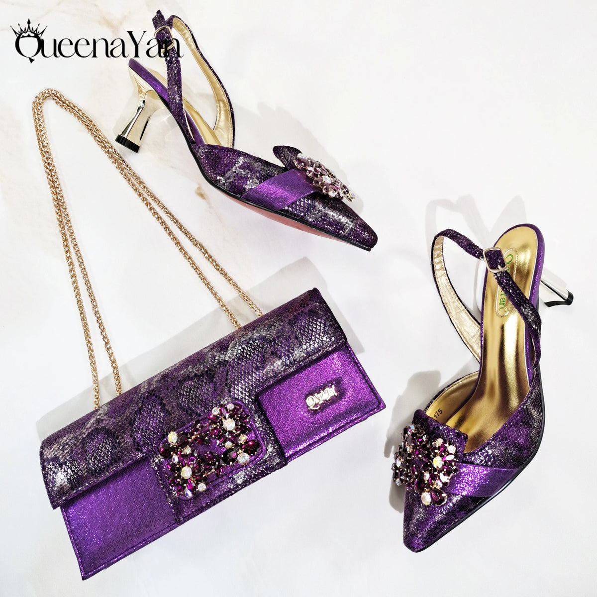 Queena Yan Newest Special Synthetic Fabrics Italian Design Women's High Heel Matching Shoe and Bag Set for Weddings and Parties