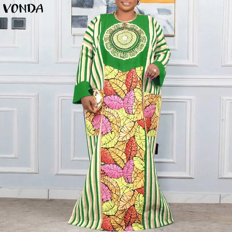 VONDA Plus Size Vestido 5XL Bohemian Maxi Robe Women Long Sleeve Floral Print Long Sundress Oversized Party Fashion Casual Dress