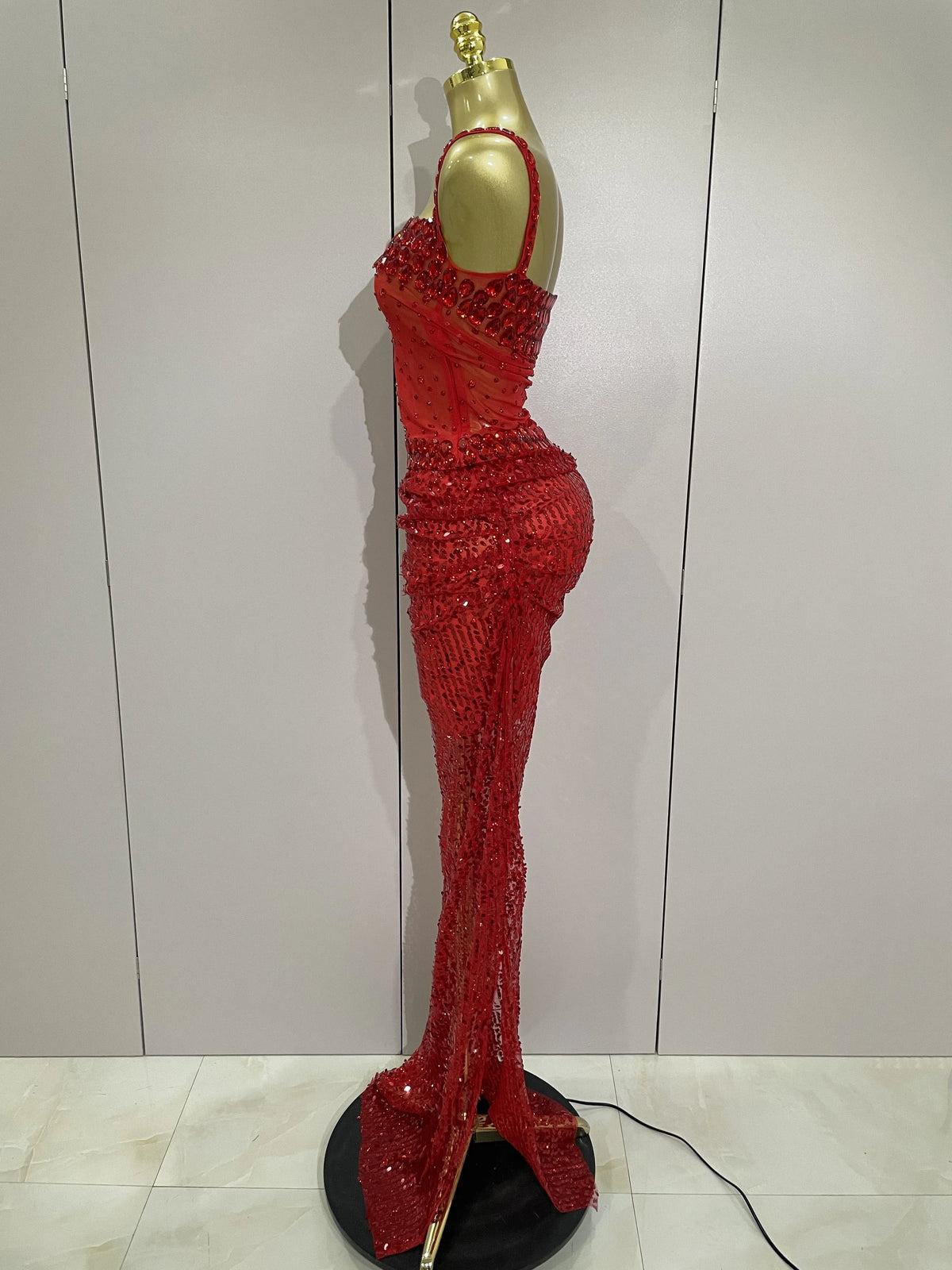 Sparkly Red Rhinestones Sequins Sexy See Through 2PCS Long Dress 2025Women Celebrate Evening Birthday Party Dress Stage Costumes