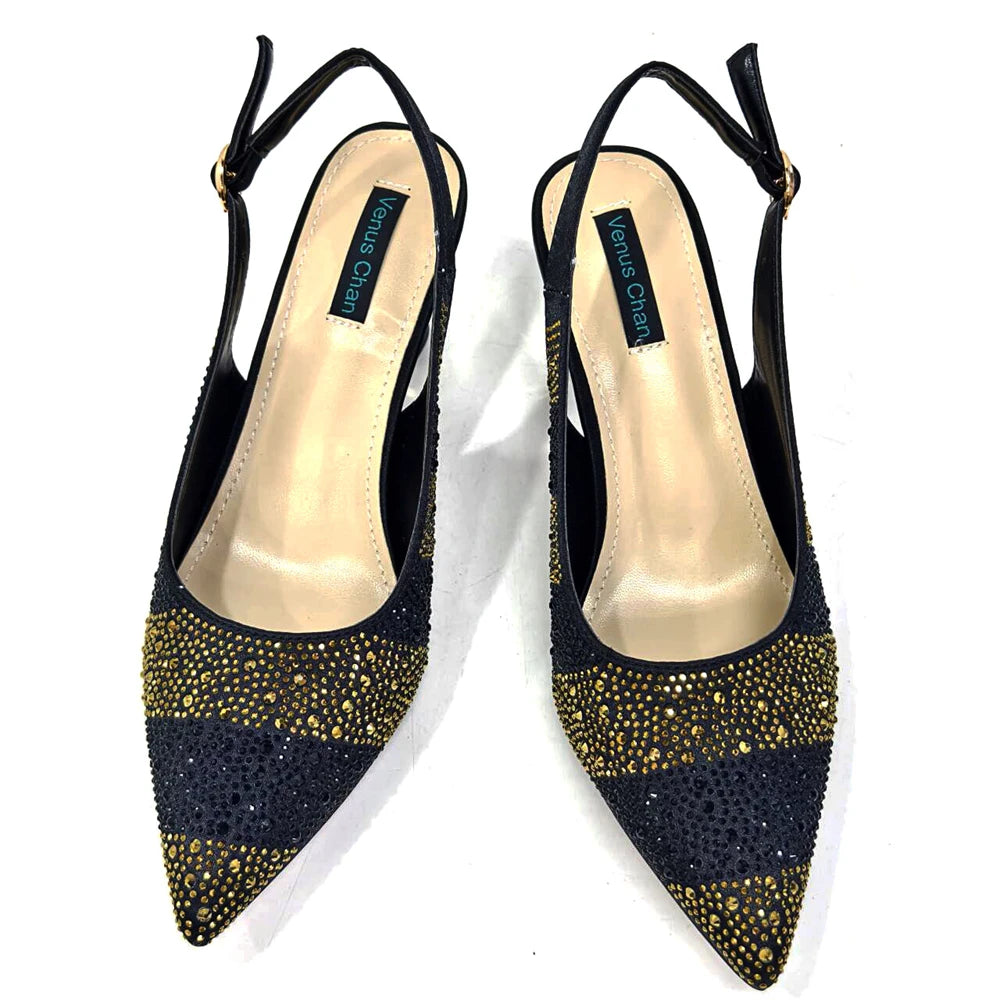 Venus Chan- Elegant High Heels Shoes and Bag Set for Women Pointed Toe Black Color Hollow Rhinestones Matching Bag INS 2024