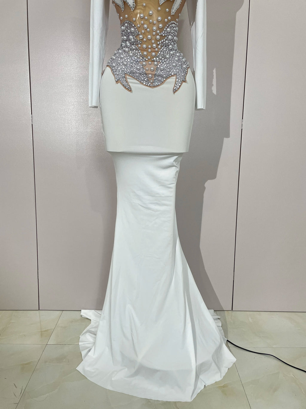 Luxury Sparkly Diamonds Pearl White See Through Mesh Long Dress Women Wedding Evening Party Stage Performance Photoshoot Dress