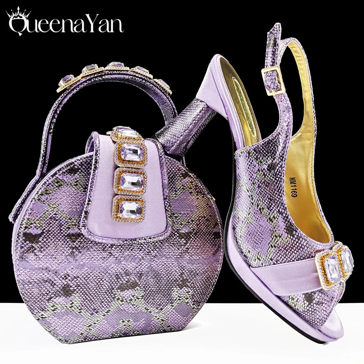 Queena Yan New Luxurious Italian Women's Party Shoes&Bag Set Elegant Golden Rhinestone  Sandals with Peep Toe High Heels Wedding
