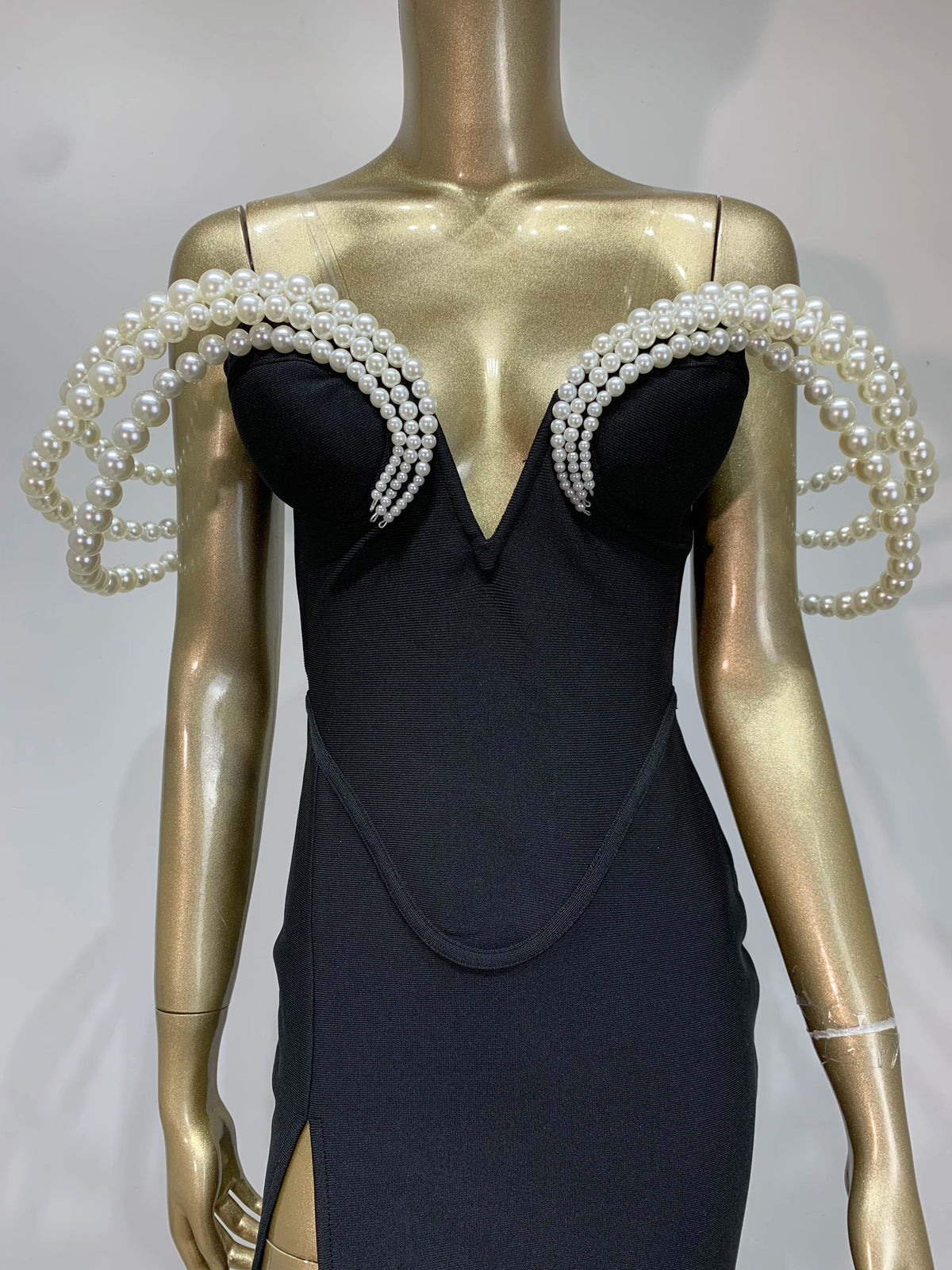 Women Celebrity Sexy Off Shoulder Pearl Black Maxi Long Bandage Bodycon Dress 2025 Elegant Evening Club Party Outfit