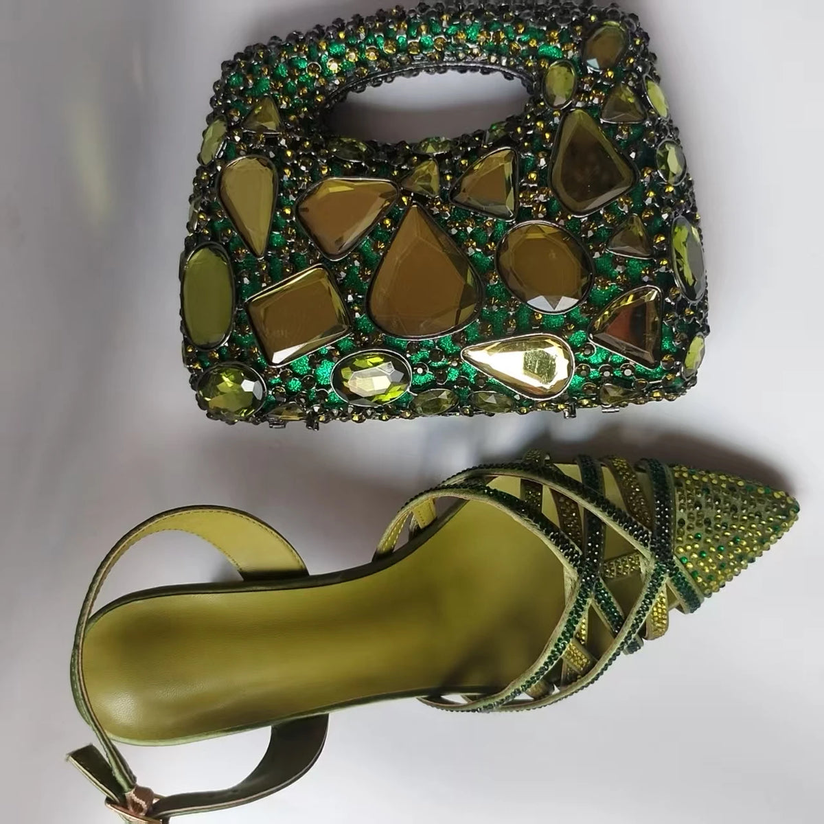 Luxury Olive Green Rhinestones Women's Shoe and Bag Set for Party Wedding Crystals Heeled Pumps and Handbag Sandals