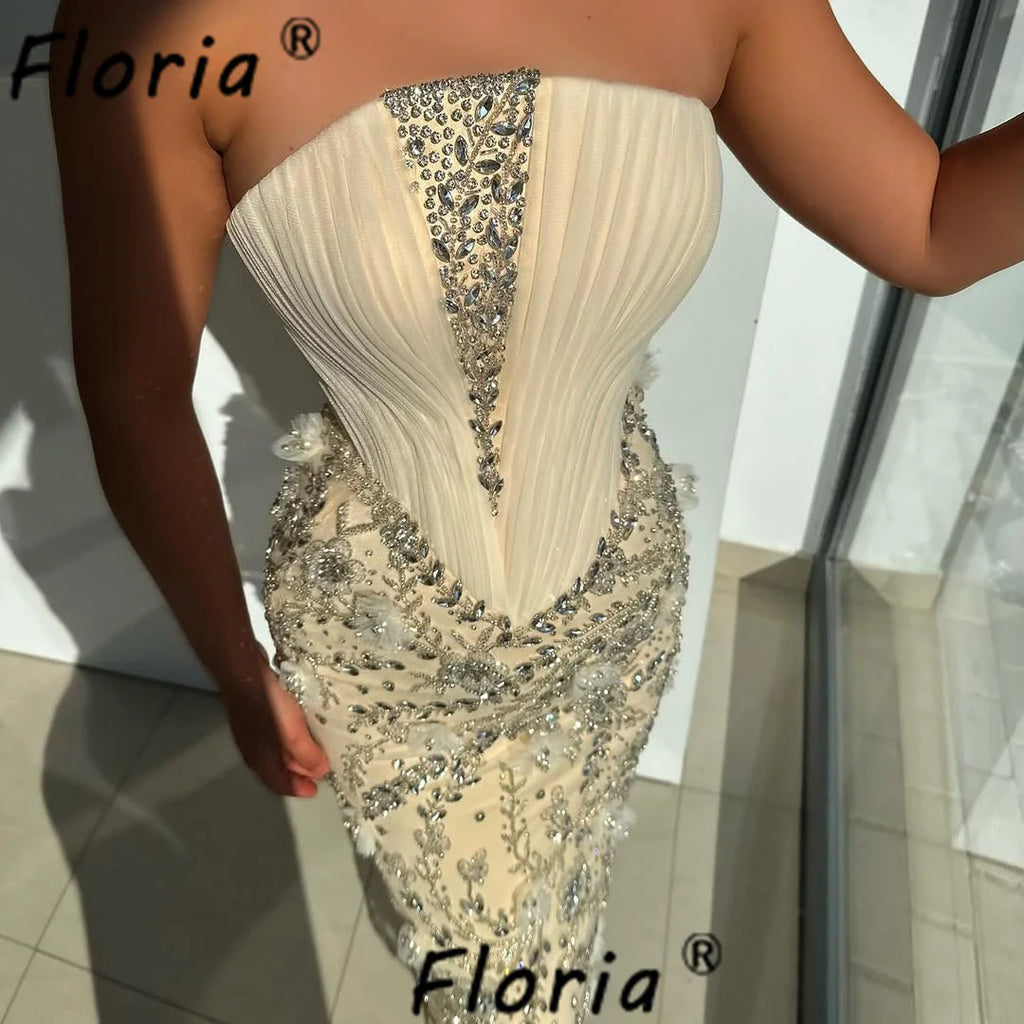 Luxury Beaded Crystal Cocktail Dresses Beige Pleat Top Customized Special Party Dress Floral Appliques Prom vestidos de coquetel
