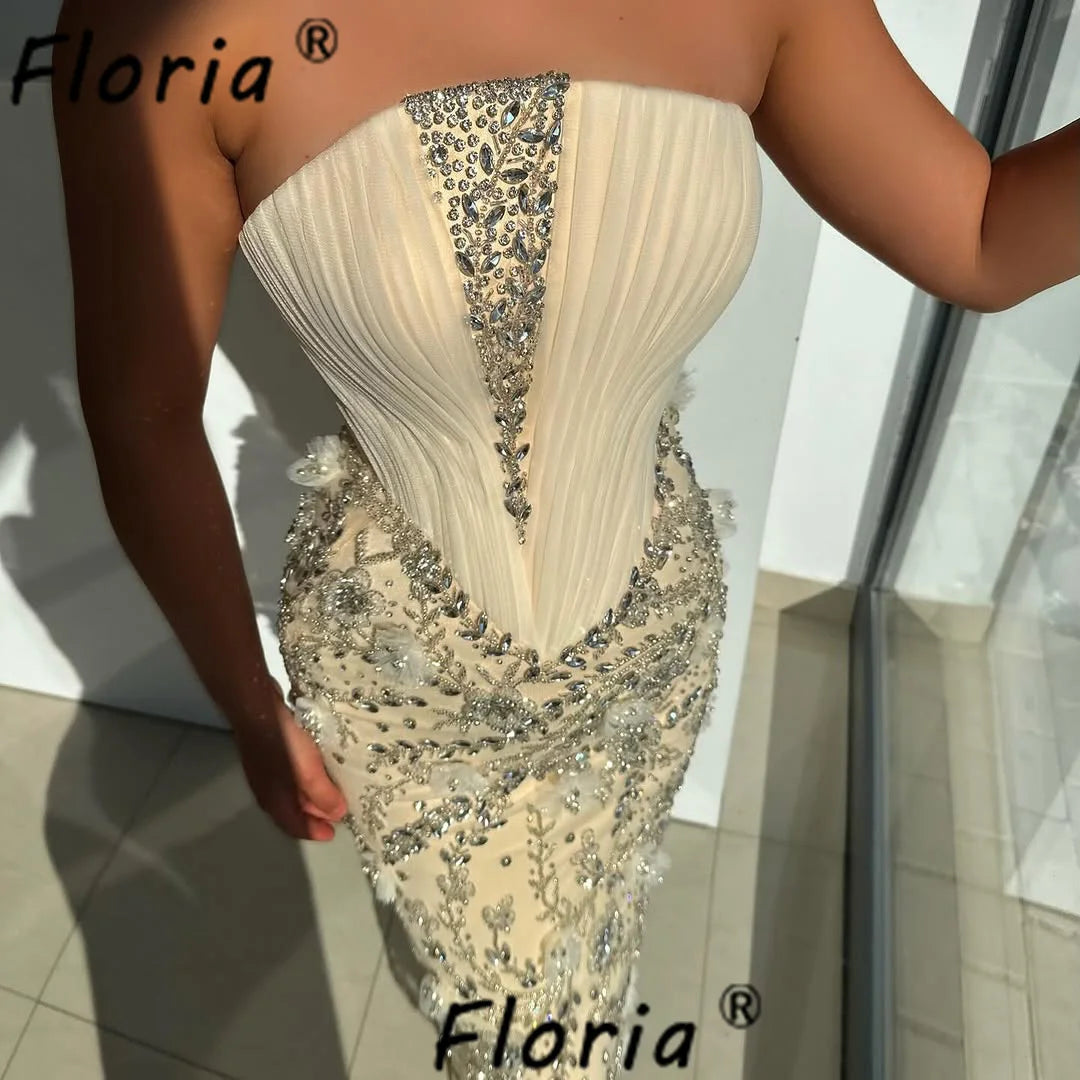 Luxury Beaded Crystal Cocktail Dresses Beige Pleat Top Customized Special Party Dress Floral Appliques Prom vestidos de coquetel
