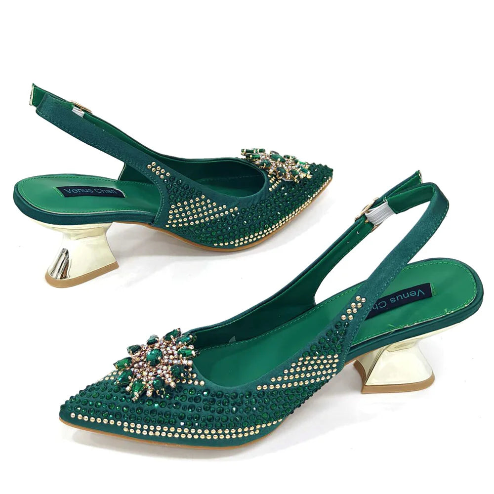 2024 New Designer Specials Italian Women Heels Shoes and Bag Set Royal Purple Color Comfortable With Rhinestone for Party