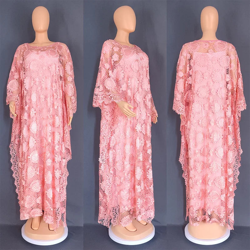 White Lace Hollow Africa Dresses for 2023 Muslim Women Dress African Clothes Dashiki Taditional Boubou Arabic Robe Femme Ramadan