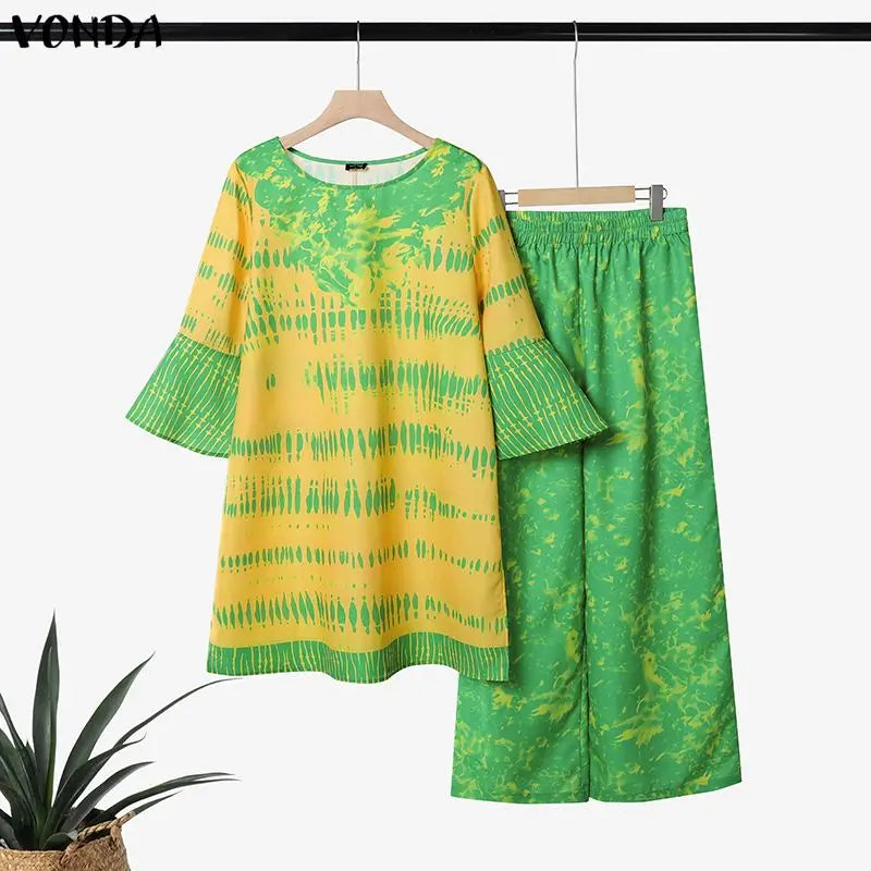 VONDA Plus Size 2PCS 5XL Women Pant Sets 3/4 Flare Sleeve Tops Long Pants Vintage Print Oversize Casual Loose 2 Piece Outfits