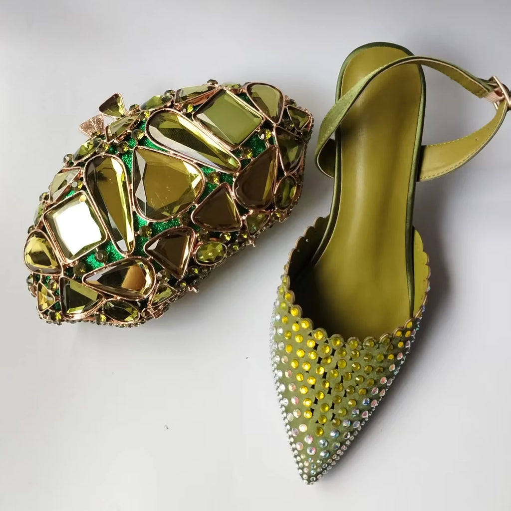 Luxury Olive Green Rhinestones Women's Shoe and Bag Set for Party Wedding Crystals Heeled Pumps and Handbag Sandals