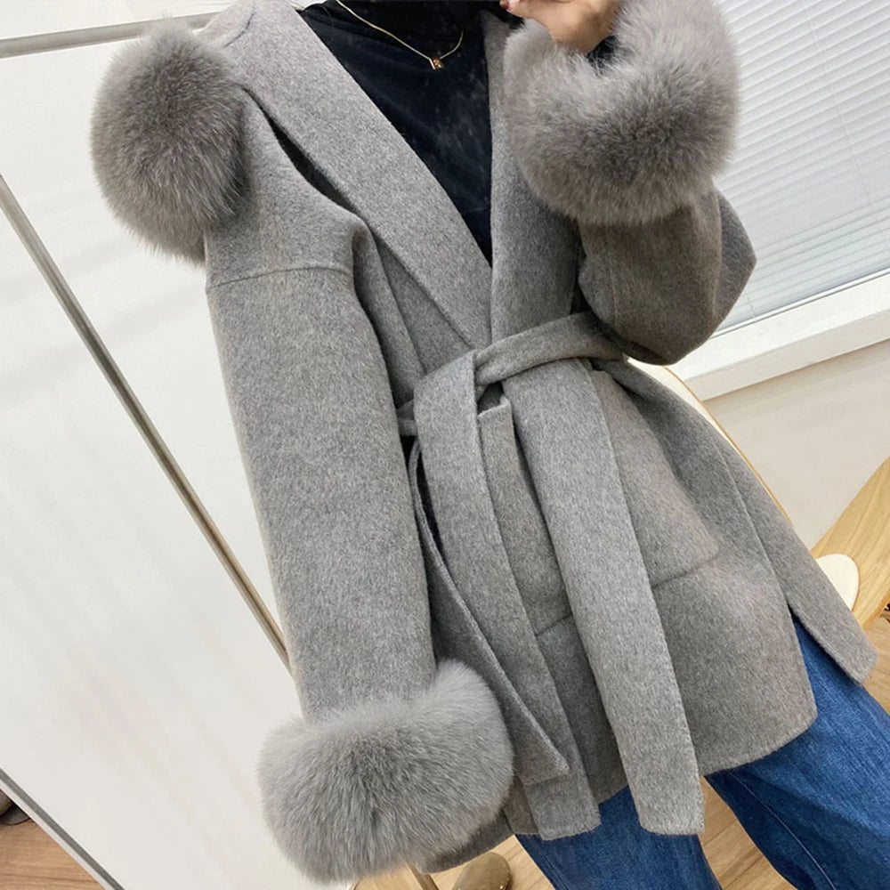 Faced Wool Ladies Winter Jacket Hooded coats Women Luxurious Real Fox Fur Coat Lose Clothing Cashmere Double