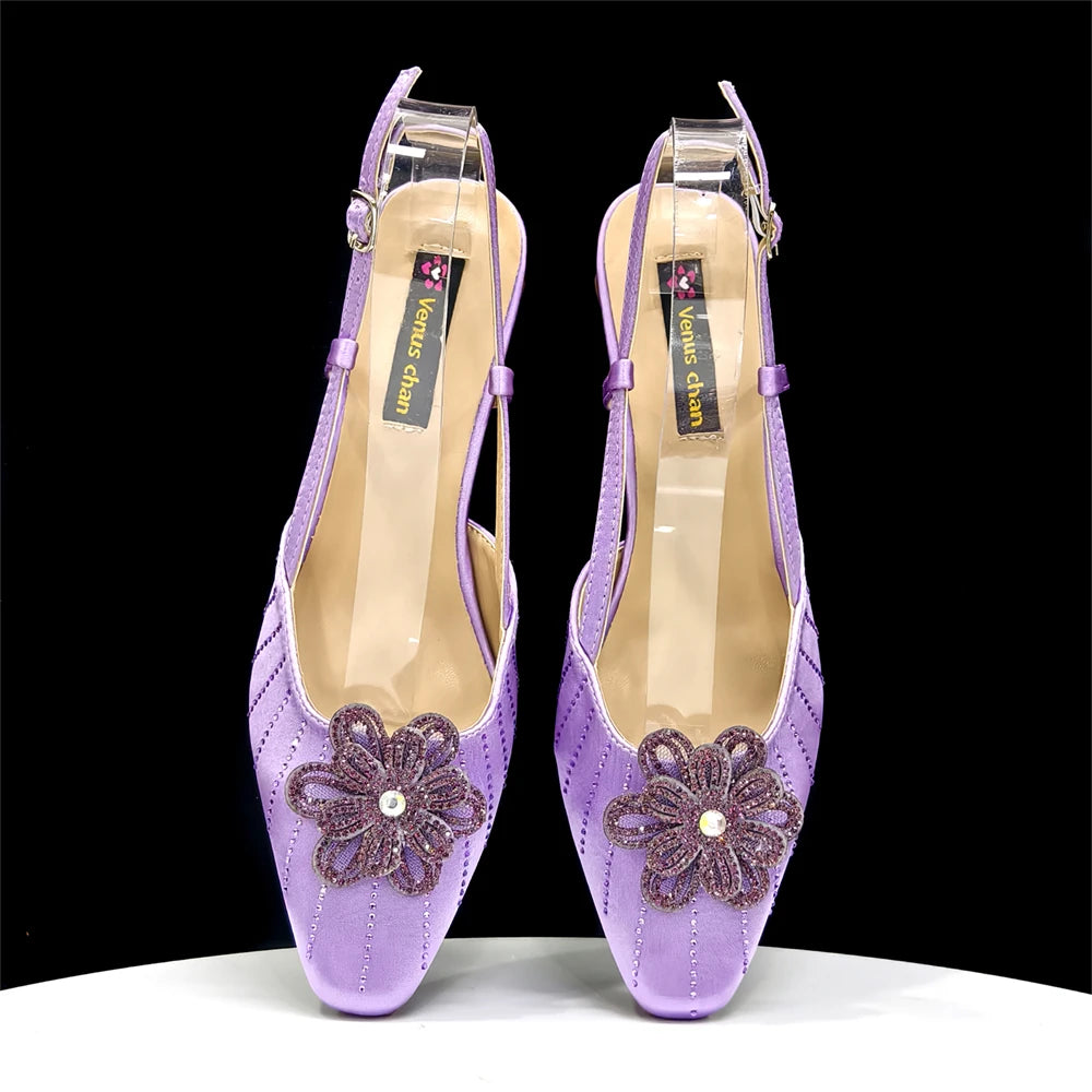 2026 New Elegant Italian Women's Black Heels with Rhinestones and Floral Accents & Matching Clutch Bag Set – Ideal for Parties