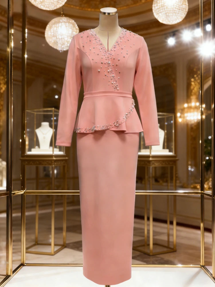 Women Elegant Church Dresses Beading V Neck Long Sleeves Peplum Waist Slim Weddings Guest Classy Office Ladies Autumn Gowns New