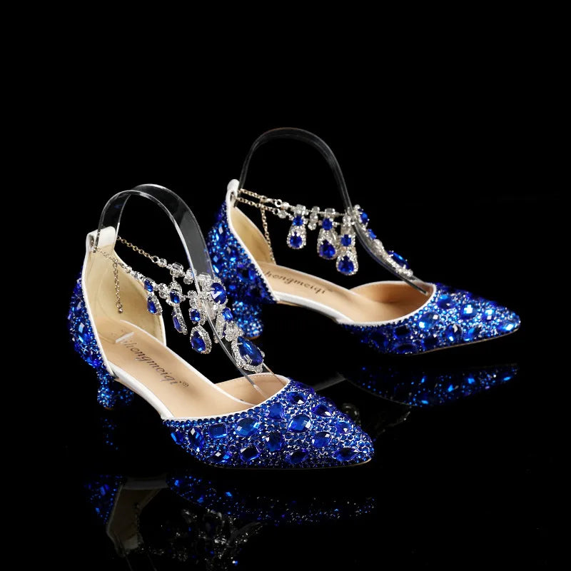 New 5cm Rhinestone shoes buckle round heel blue pointed Crystal Wedding sandals social dance Prom shoes Latin  shoes size 35-43