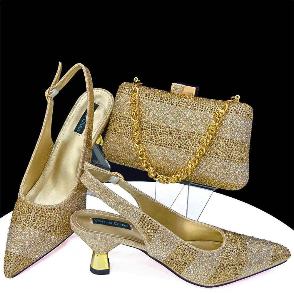 Venus Chan- Elegant High Heels Shoes and Bag Set for Women Pointed Toe Black Color Hollow Rhinestones Matching Bag INS 2024