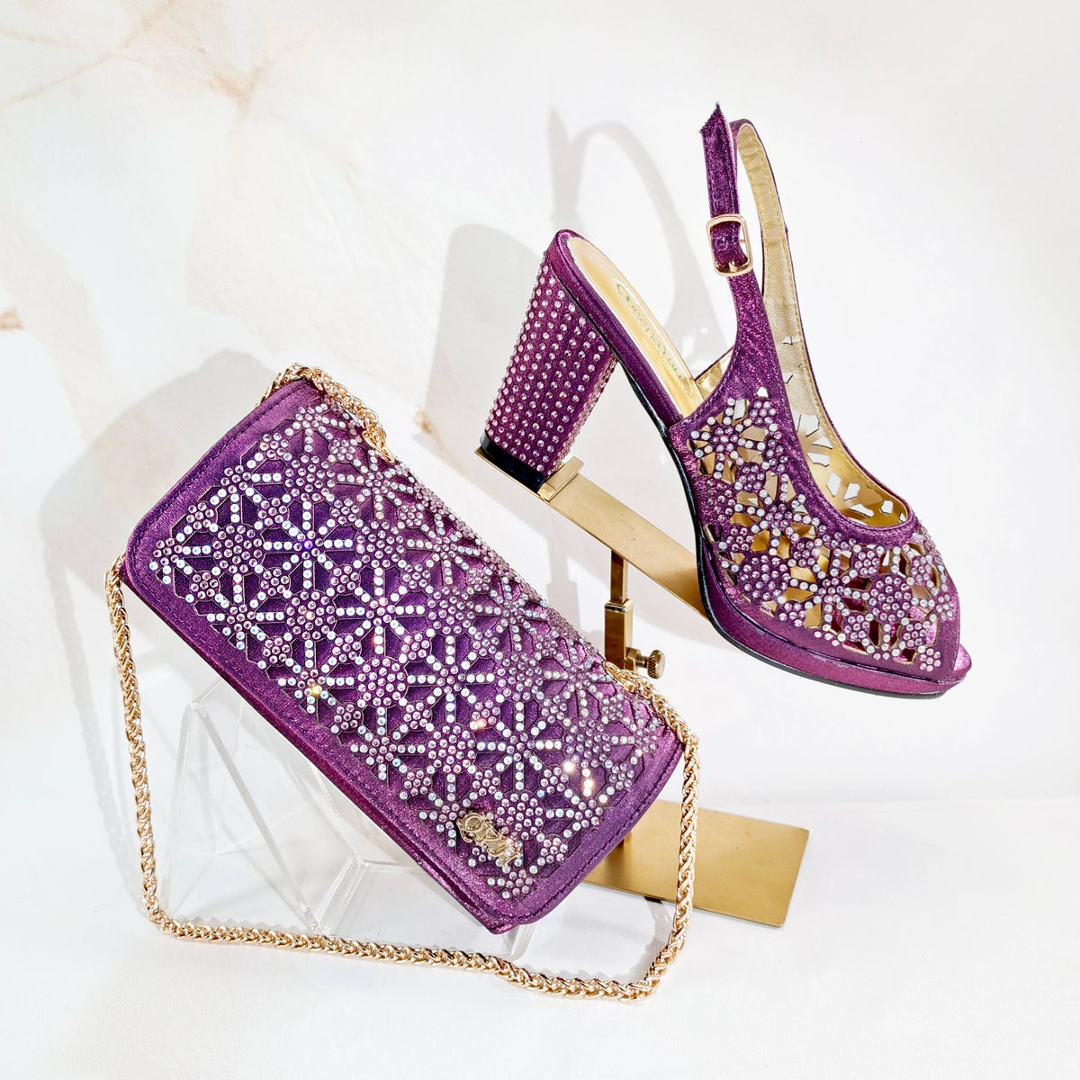 2025 New Rhinestone Design African-Inspired Shoe and Bag Set Olive Toe-Exposing Comfortable Women's High Heels Trending on INS