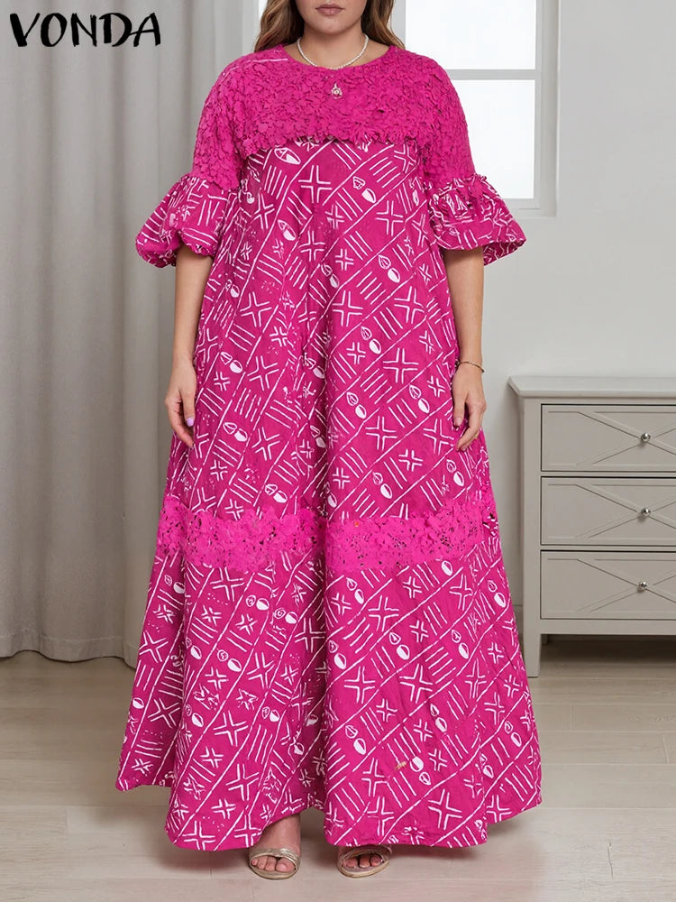 5XL Women Party Dress Plus Size VONDA Vintage Sundress 2025 Casual Loose Lace Patchwork Robe Fashion Half Sleeve Vestidos