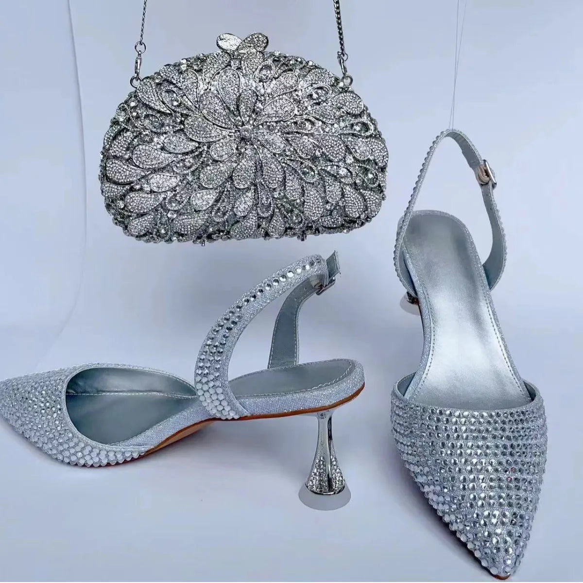 Women's Blue Color Rhinestones high heeled Shoes With Heart Clutch Diamond high-heeled Stiletto sandals For Wedding