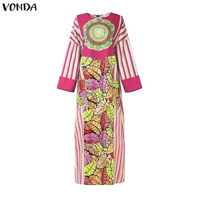 VONDA Plus Size Vestido 5XL Bohemian Maxi Robe Women Long Sleeve Floral Print Long Sundress Oversized Party Fashion Casual Dress