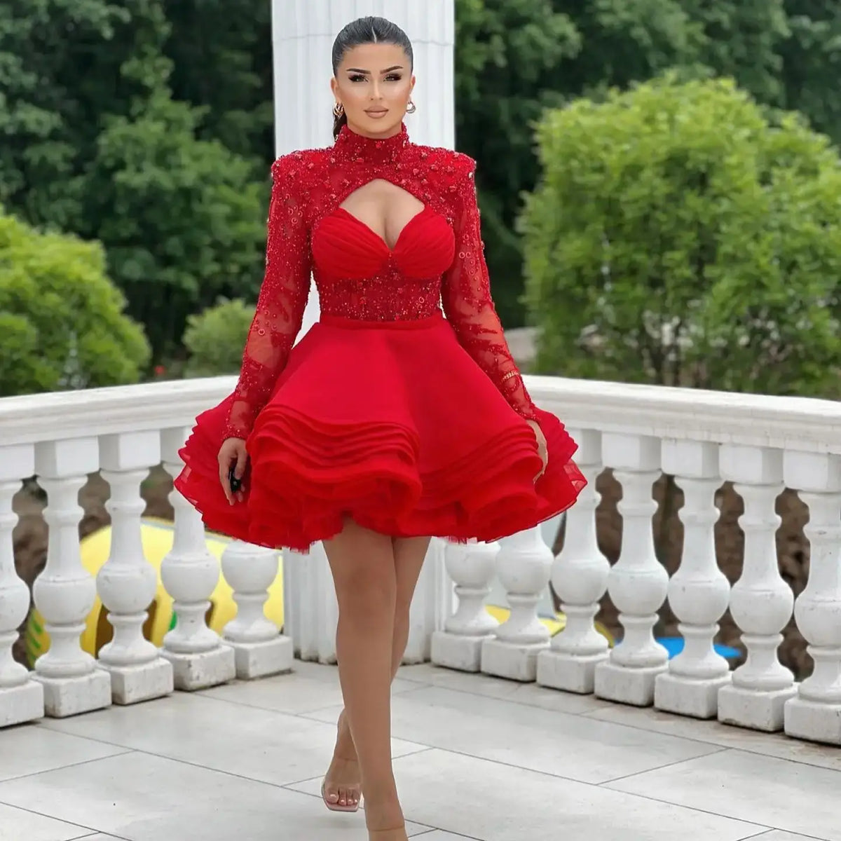 2025 Red High Neck Full Sleeves Beaded Applique Short Tiered Ruffles Prom Dresses Custom Made Girl Wear Women Evening Dress