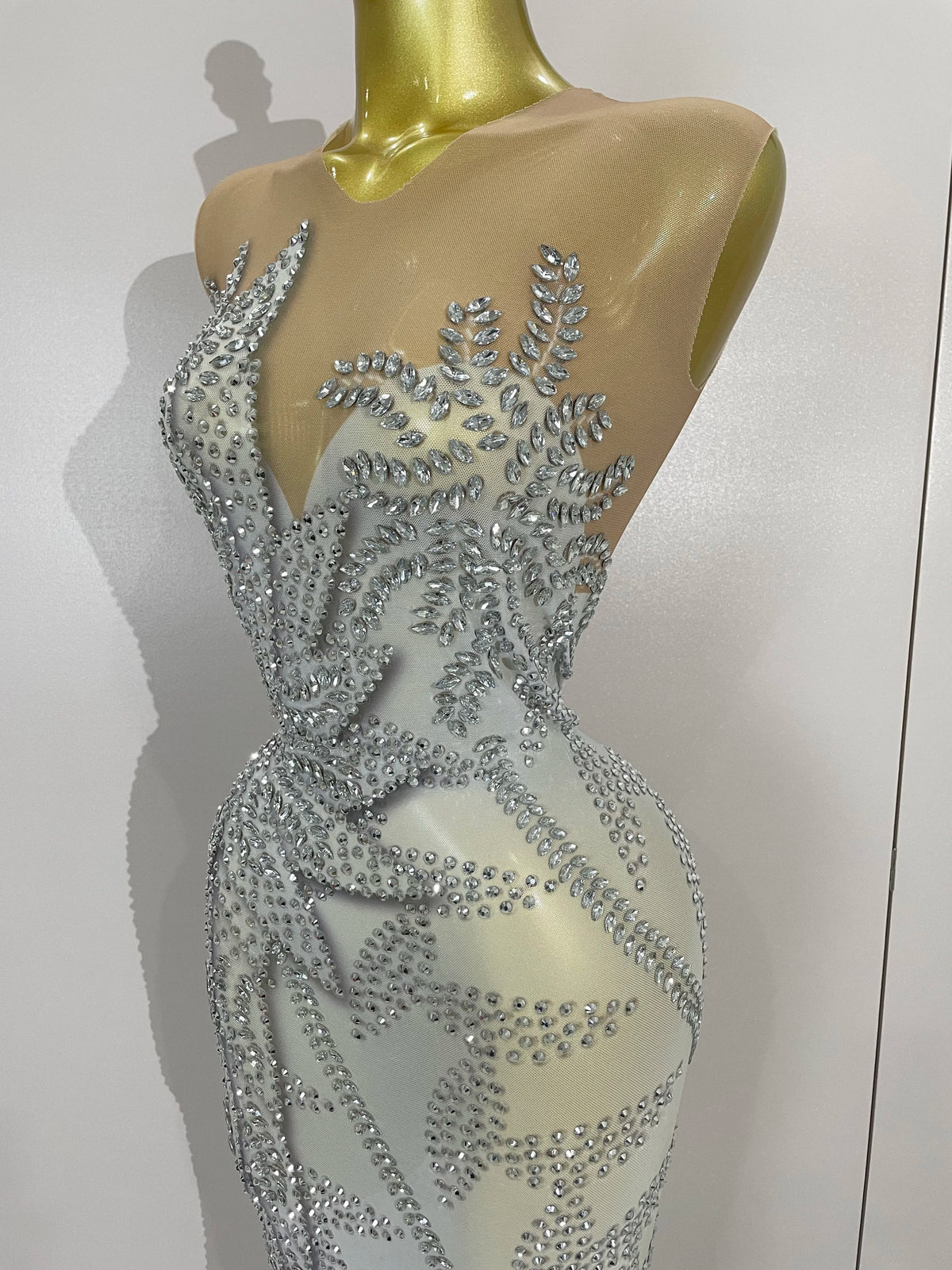 Women Luxury Rhinestone Sleeveless Silver Long Dress Sexy Mesh See Through Evening Prom Birthday Photo Shoot Singer Stage Outfit