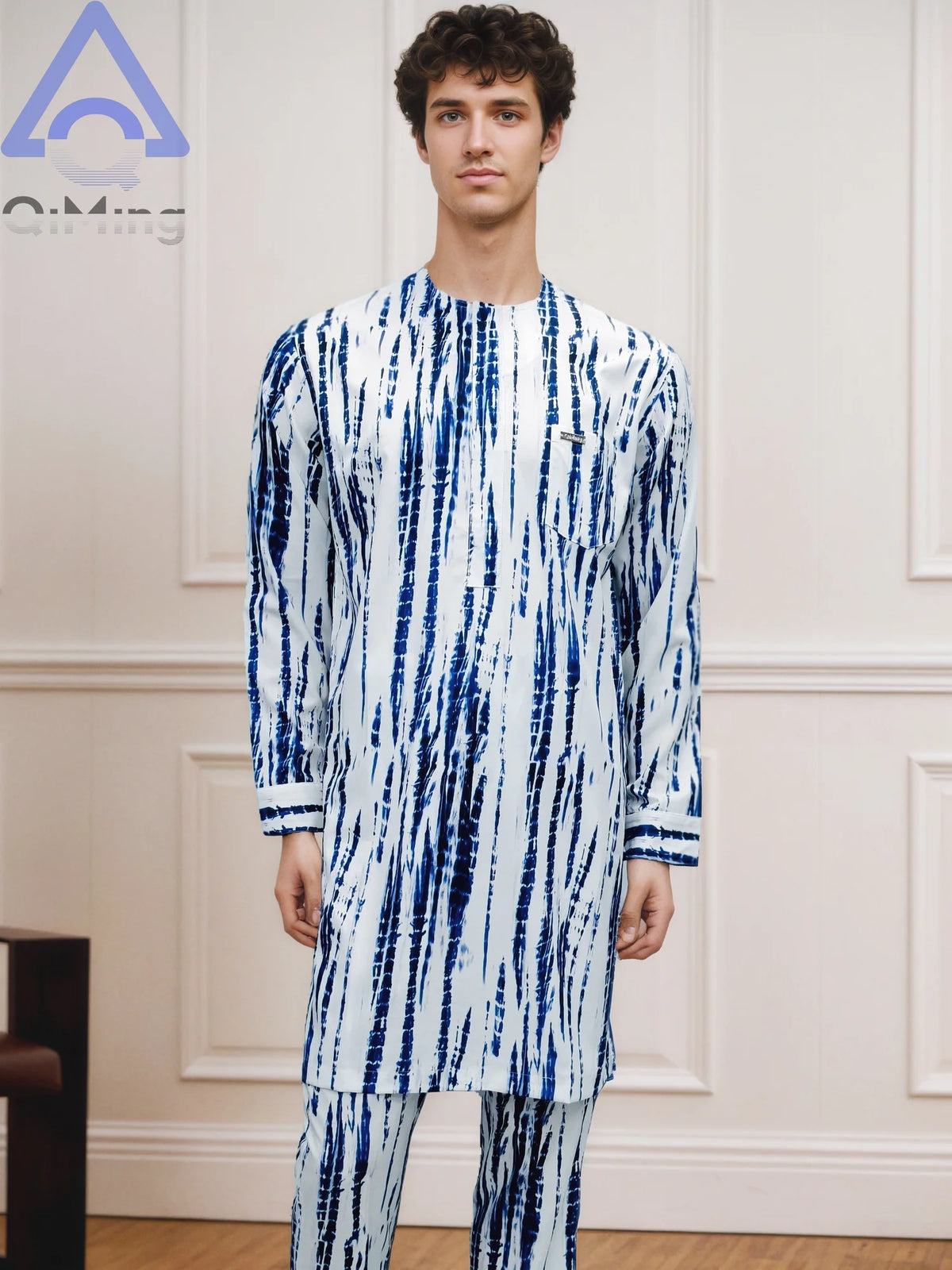 African Muslim Men's Fashion Clothing 2 Pieces White Color-Blocking Tie-Dyeing Printing Modern Prayer Moroccan Islamic Dress