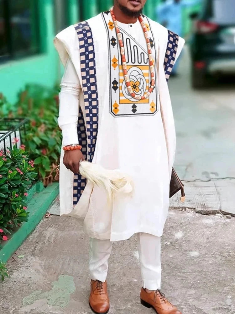 Men's African clothing, traditional Bazin Riche heat-stamped design top, long-sleeved three-piece suit