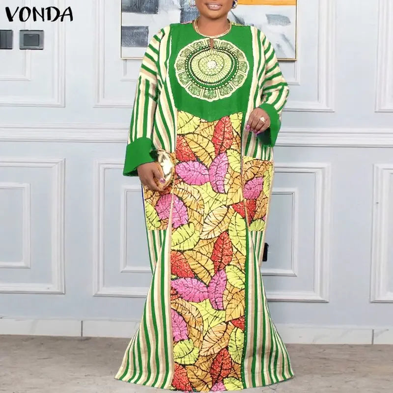 VONDA Plus Size Vestido 5XL Bohemian Maxi Robe Women Long Sleeve Floral Print Long Sundress Oversized Party Fashion Casual Dress