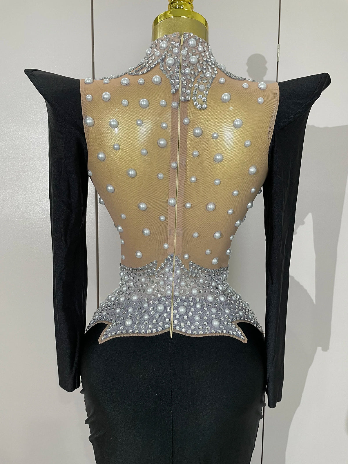Sparkly Diamonds Pearl Black Sexy See Through Mesh Long Dress Women Wedding Evening Luxury Birthday Party Stage Photoshoot Dress