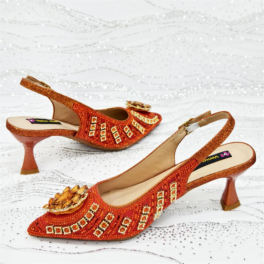 Venus Chan 2025 Elegant Rhinestone Pointed Toe Pumps With Matching Bag Set Large Size shoes Big Bag for Women's Party High Heels