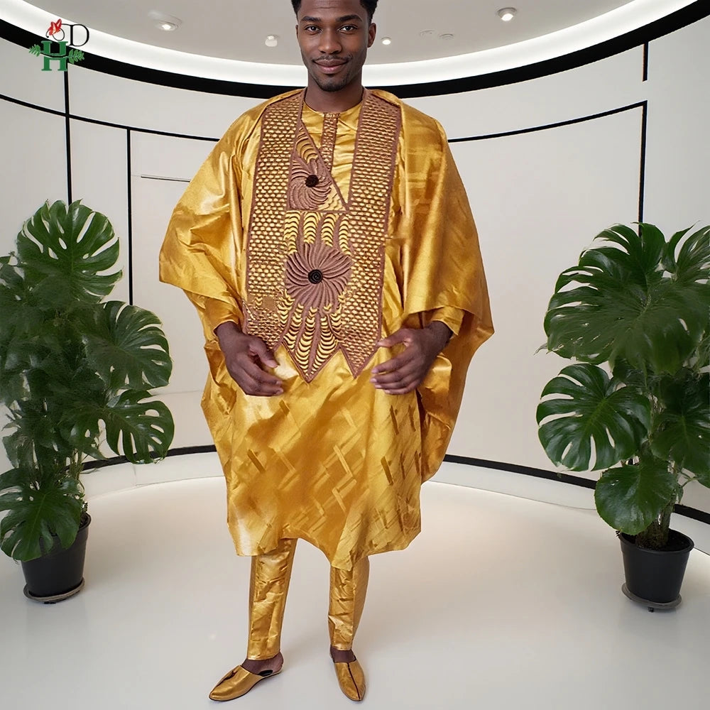 H&D African Clothes Men Native Wear Formal Traditional Embroidery Bazin Riche Dashiki Yellow Shirt Pants 3PCS Bubu Dress Suit