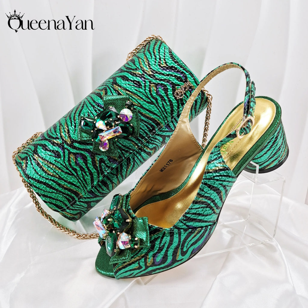 Queena Yan Striped and Leopord Design Mature Style Party Wedding Peep Toe High Heels and Bag Set Decorated With Rhinestone