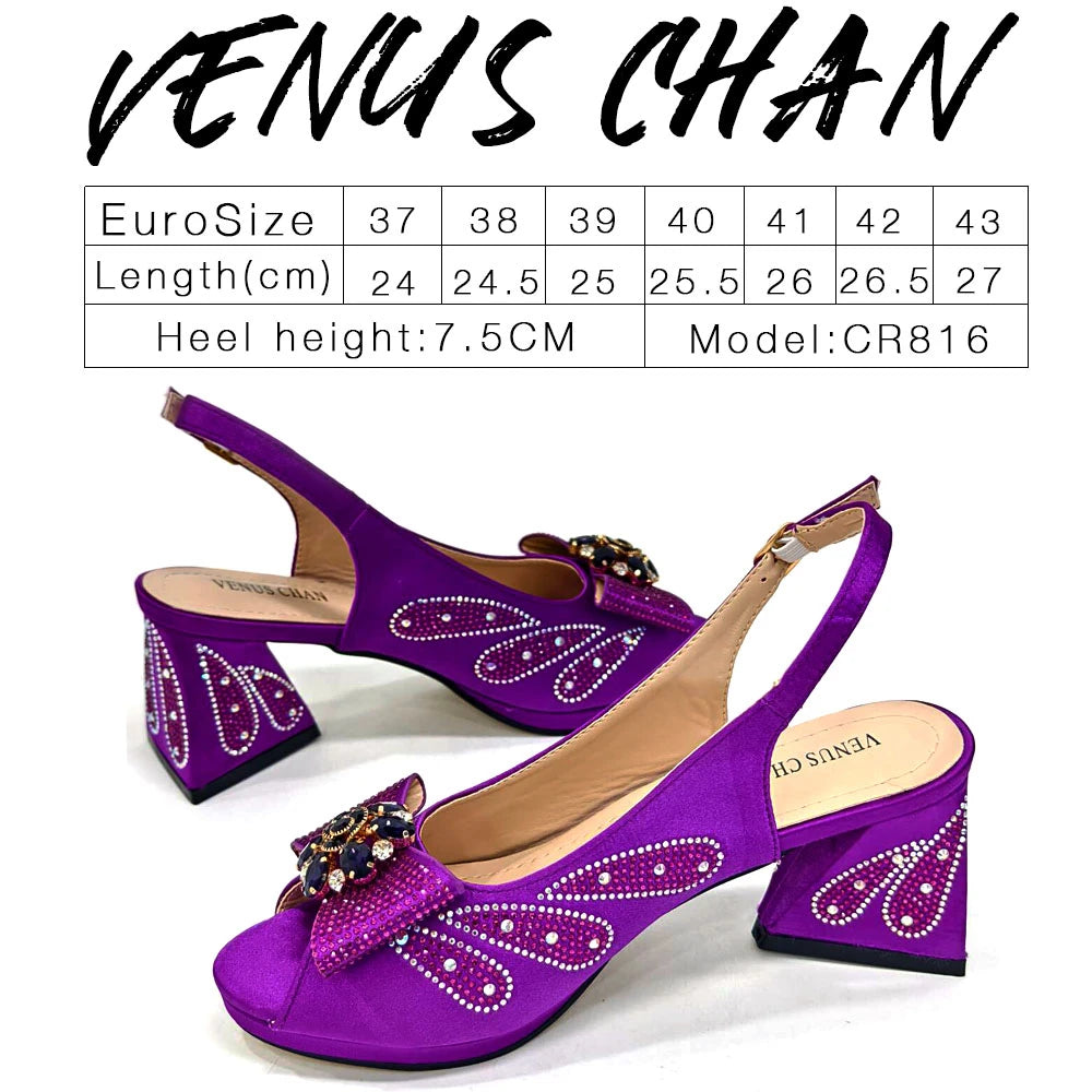 Venus Chan Italian Shoes and Bags Matching Set 2024 Peep Toe High Heels Peach Colour Bow Rhinestones Women Shoes for Party