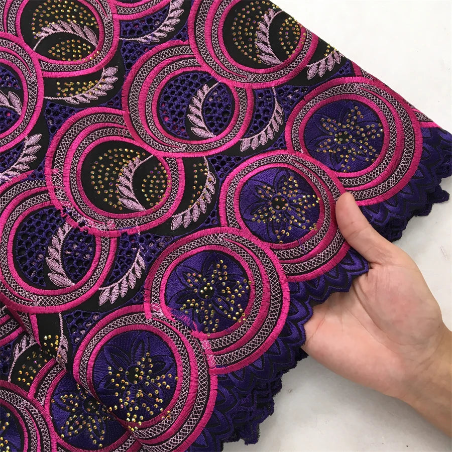 SJD LACE Swiss Voile African Stones Cotton Lace Fabrics 5 Yards 2024 High Quality Nigerian Lace for Women Party Dresses Sew 4079