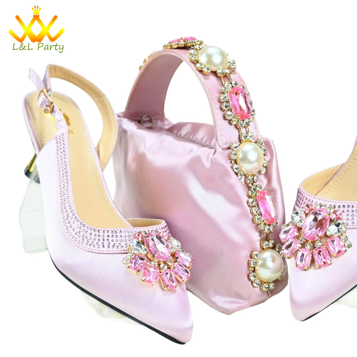 Shinning Crystal New Arrivals Comfortable Mid Heel Lemon Green Color Winter Newest African Shoes and Bag Set for Party