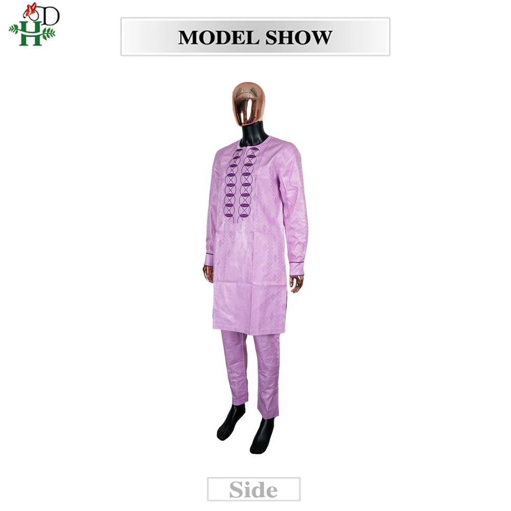 H&D African Clothing For Man Traditional Agbada Sets 2PCS Purple Bazin Riche Shirt Pant Embroidery Wedding Party Suits Plus Size