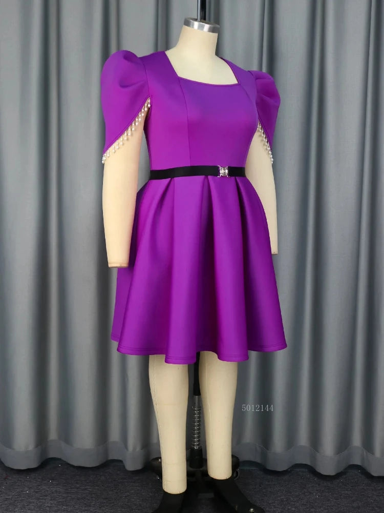 African Women's Square Collar Pearl Bubble Sleeve A-Line Evening Dress Purple Elegant Gown Dashiki African Dresses for Women