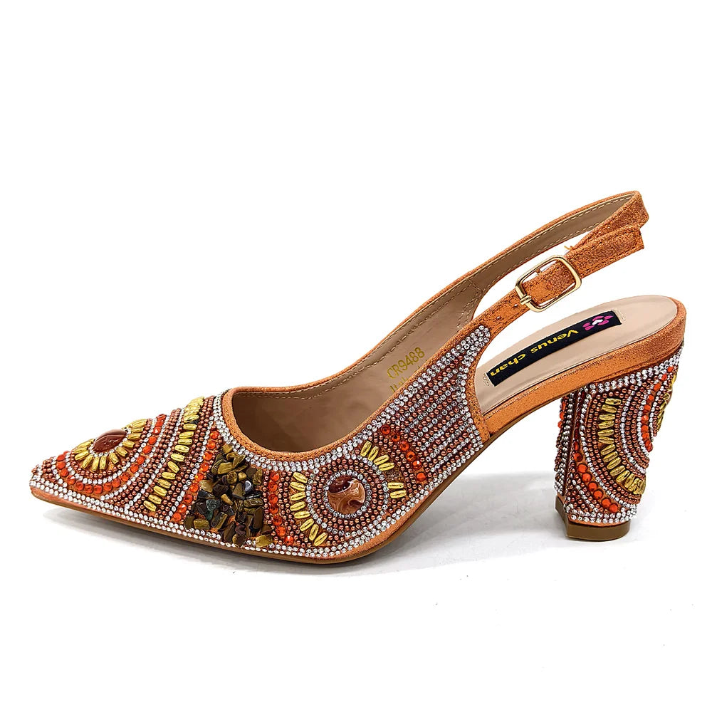 2025 Fashion Newest Arrival Orange Pointed Toe Women Sandals Shoes Matching Bag Set for Ladies Wedding Party Pump