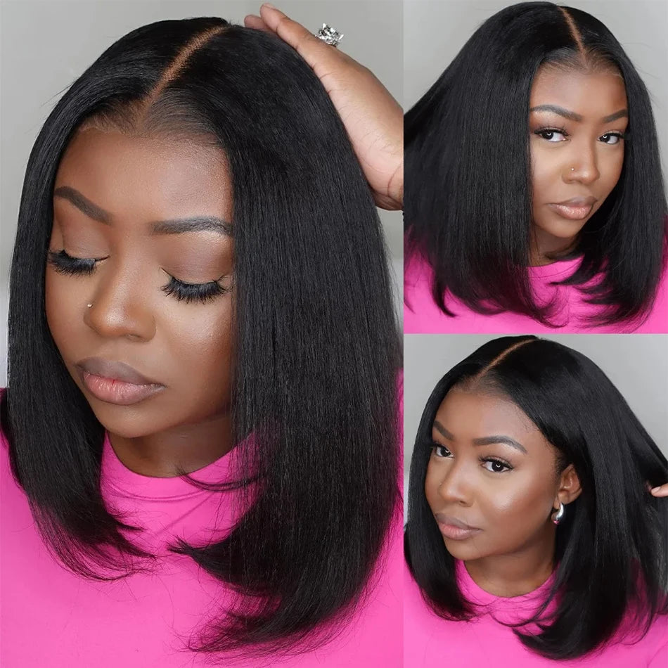 Glueless Wig Human Hair Kinky Straight Bob Wig Lace Front Human Hair Wigs For Women HD Transparent Full Lace Frontal Wig Yaki