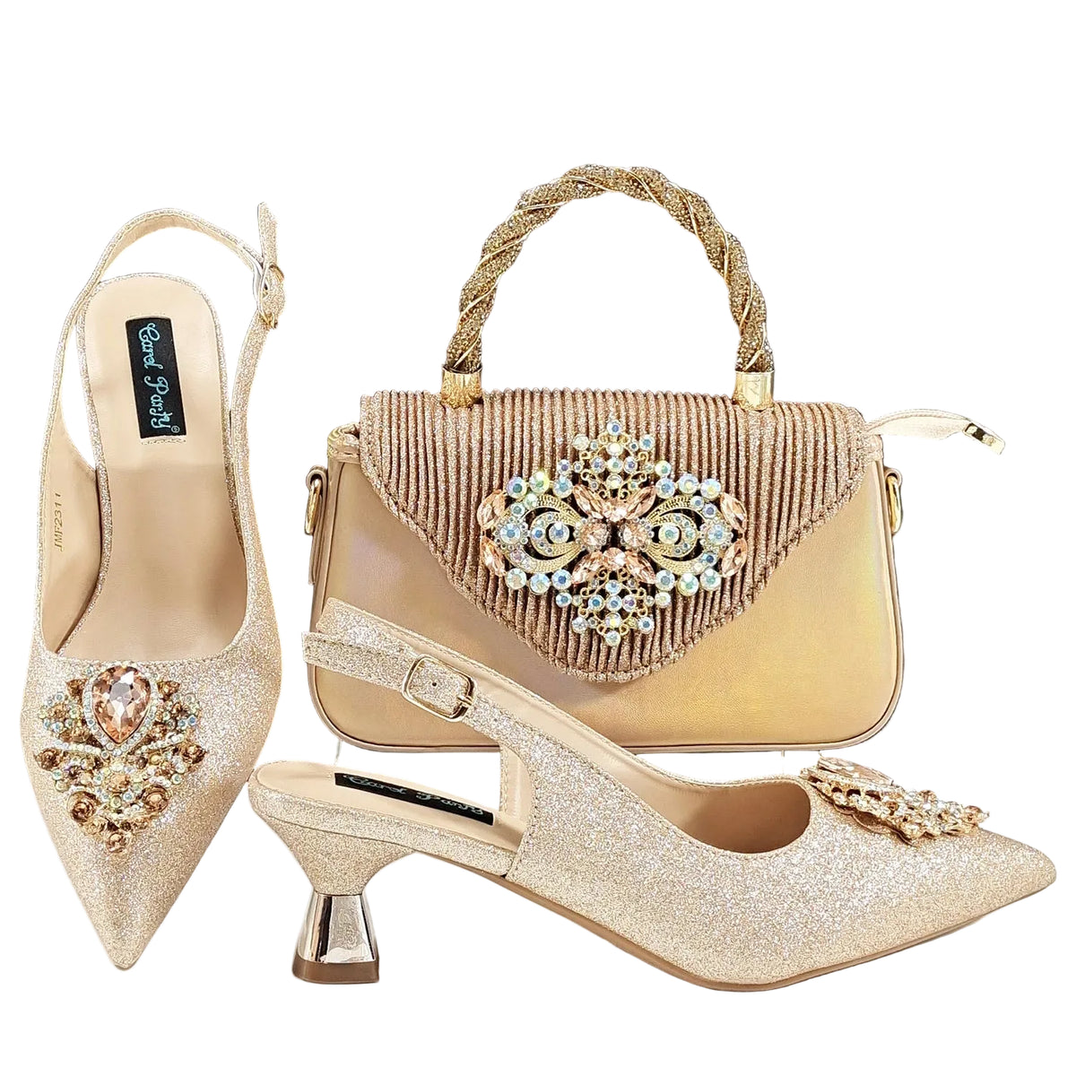 Italian Design Peach Color Pointed Toe Shoe & Bag Set Rhinestone Luxury  Women's High Heels for Parties By QSGFC