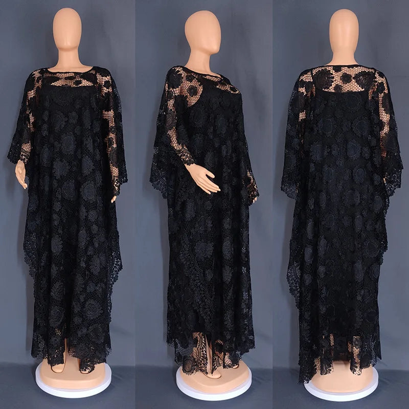 White Lace Hollow Africa Dresses for 2023 Muslim Women Dress African Clothes Dashiki Taditional Boubou Arabic Robe Femme Ramadan