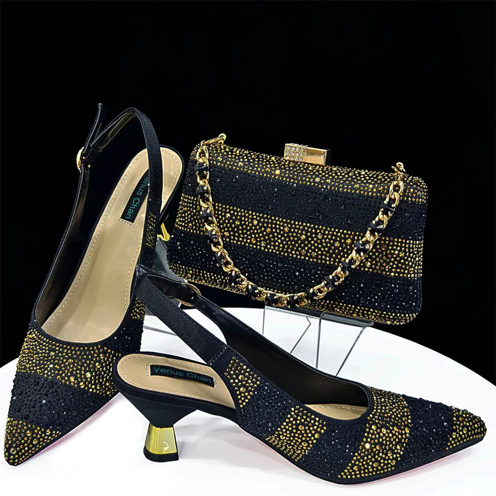 Venus Chan- Elegant High Heels Shoes and Bag Set for Women Pointed Toe Black Color Hollow Rhinestones Matching Bag INS 2024
