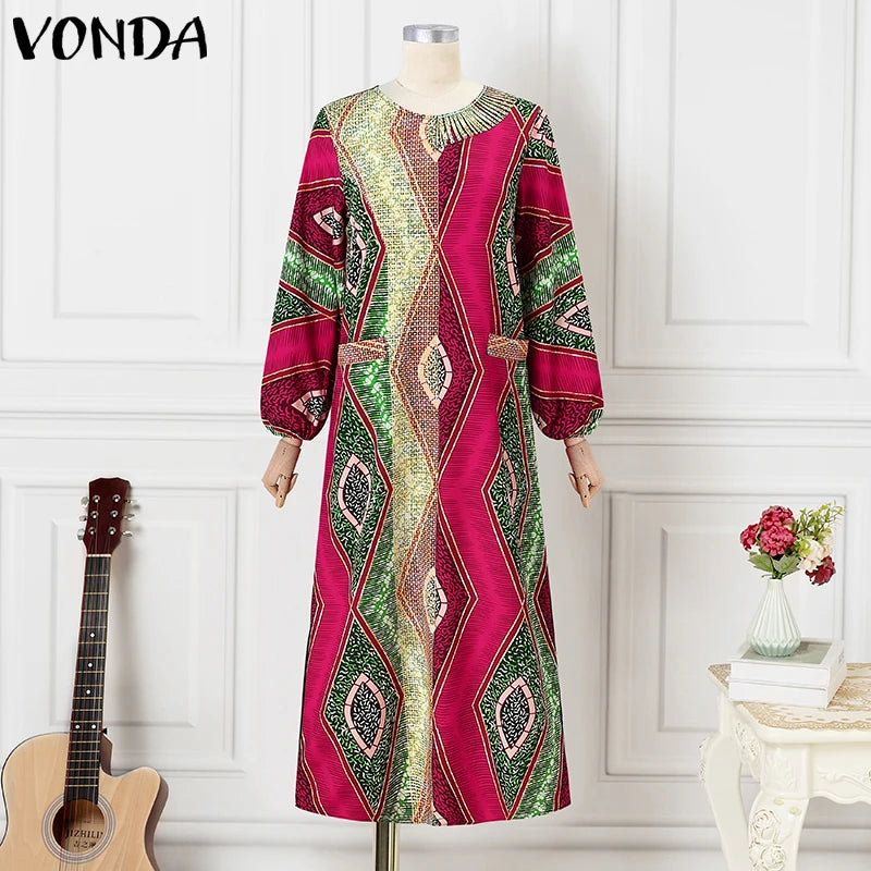 Plus Size 5XL VONDA Women Maxi Dress Bohemian Printing Long Sleeve Vestidos Vintage Sundress Casual Loose Oversized Robe Party