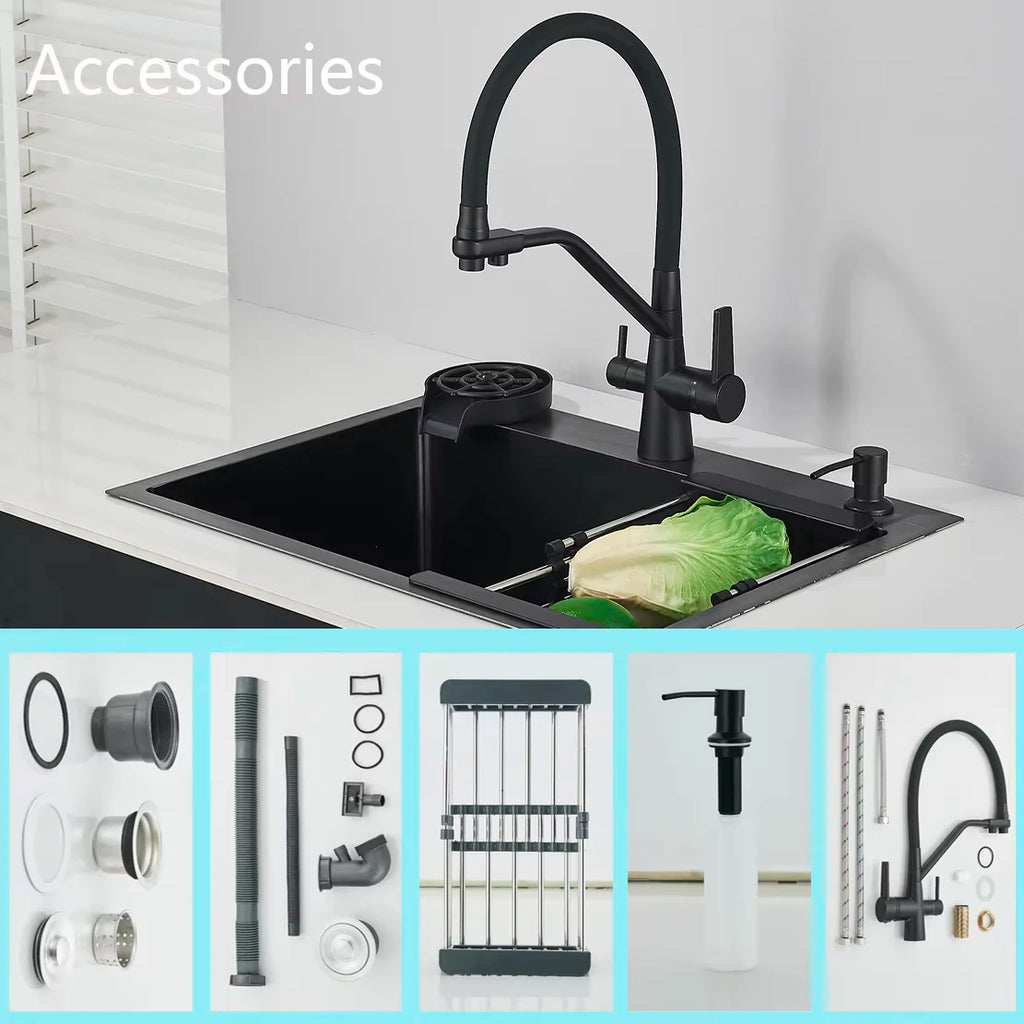 Matte Black 304 Stainless Steel kitchen Sinks Cold And Hot Water Mixer With Soap Dispenser And Cup Disher
