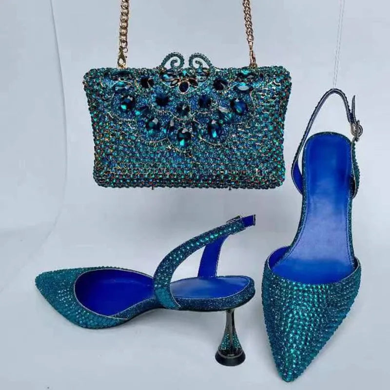 Women's Blue Color Rhinestones high heeled Shoes With Heart Clutch Diamond high-heeled Stiletto sandals For Wedding