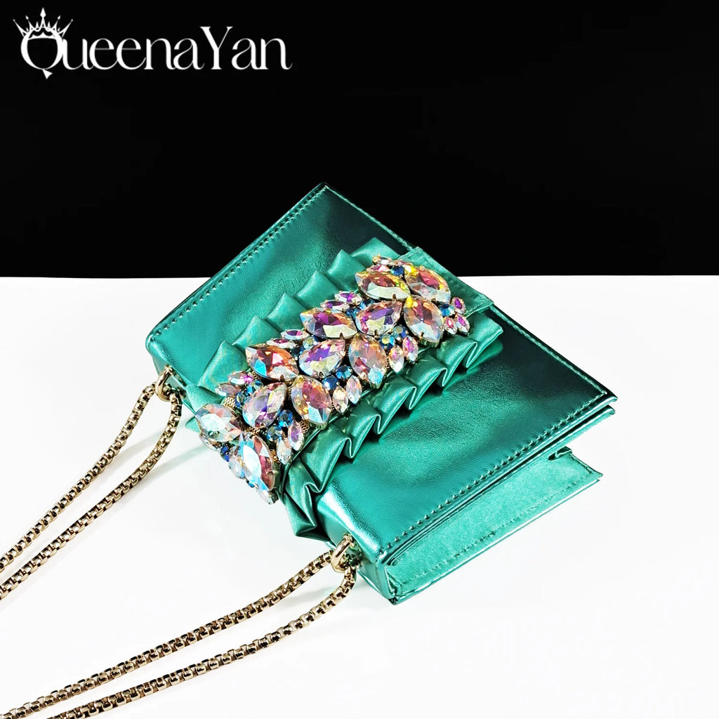 Queena Yan Spot goods 2025 INS Green Color Elegant Women Shoes and Bag Set Decoration Rhinestones Women High Heels Shoes