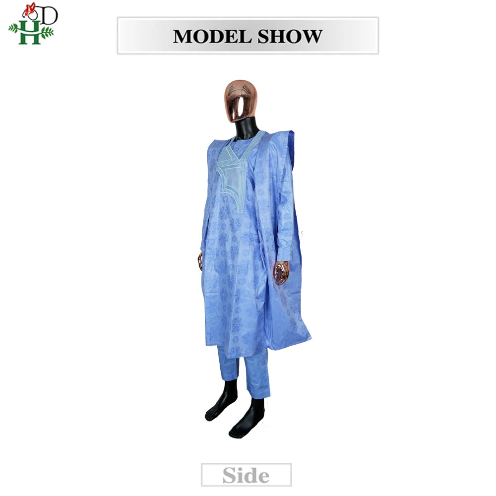 H&D African Clothes Embroidery Blue Gown Plus Size For Men Elegant Party Wedding Thobe 3 PC Top and Pants Suits Set Daily Wear