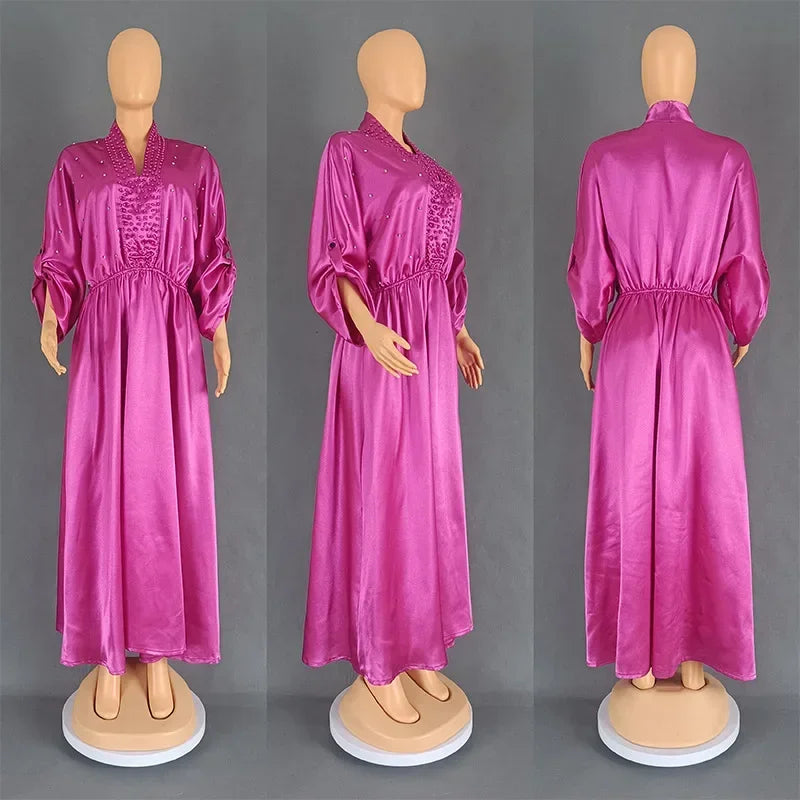 Women Elegant Shiny Satin Loose Party Dress V Neck Beading High Waist Long Gowns Formal Celebrate Evening Event Birthday Robes