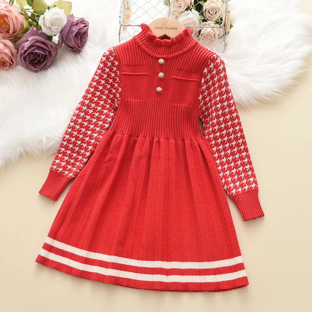 Bear Leader Autumn Winter Girls Sweater Long Sleeve Dress Vest Stripe Party Girl Baby Retro Knitted Wool Dress Casual Vestidos